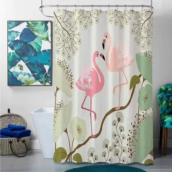 

Shower Curtains for Bathroom Unique Wildlife Decor Collection,Blossom Floral Background with Pair of Flamingos Painting,Teal