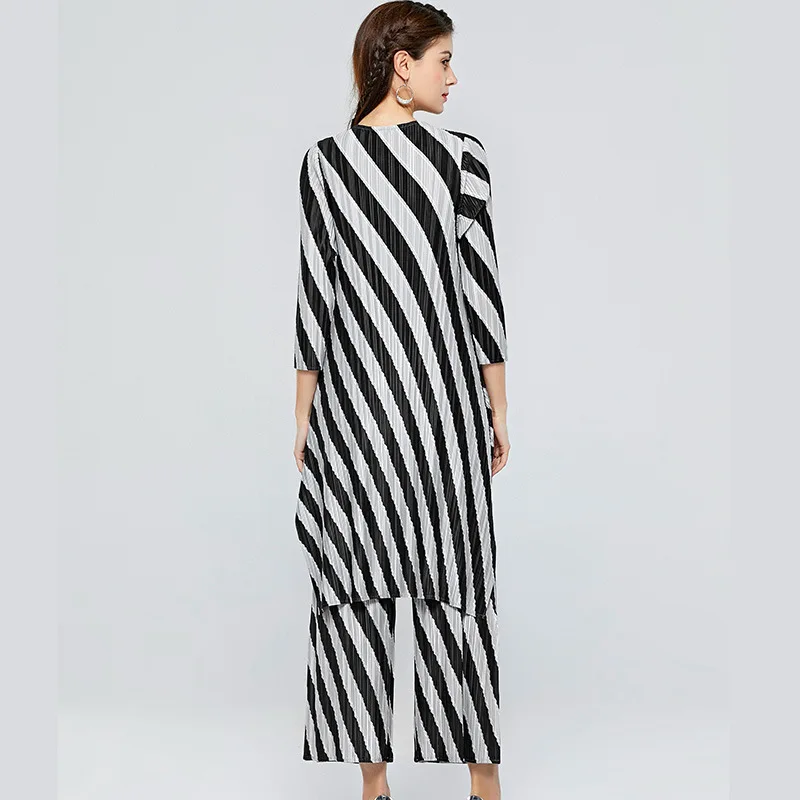 Wholesale Price NO47l Plus Size Dress Women 2020 Spring Fashion Stripes Round Neck Three Quarter Sleeves Loose Casual Miyake Pleated Irregular Dress Wholesale Price NO47l Plus Size Dress Women 2020 Spring Fashion Stripes Round Neck Three Quarter Sleeves Loose Casual Miyake Pleated Irregular Dress