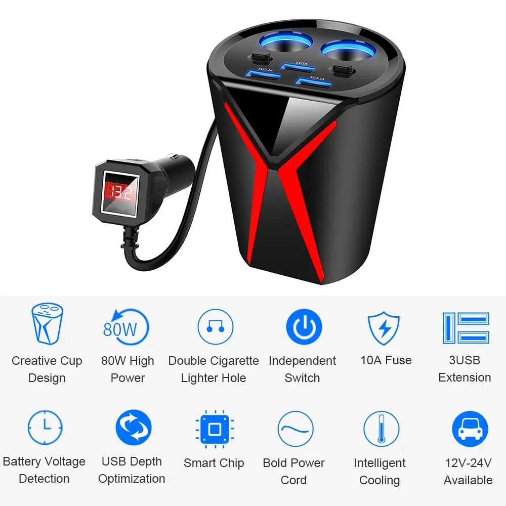 

Car Accessories 80W 12V 24V Mobile Phone Charger Car Charger 3 USB Dual Cigarette Lighter Ports Car Cup-shape Charger