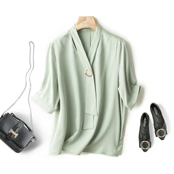 

[New product] Jinju summer new V-neck Korean version of the streamer professional silk silk T-shirt