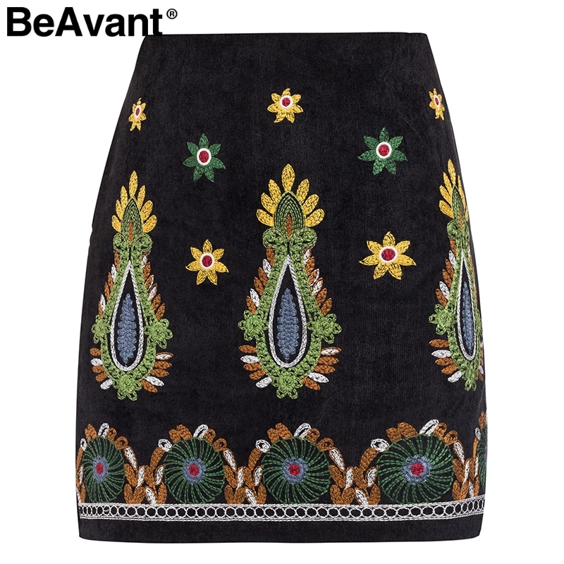 BeAvant Vintage embroidery high waist skirts womens Autumn winter corduroy bottom skirt female Sexy black ladies mini skirt