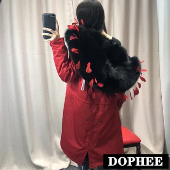 

Fashion Winter Women Red Real Feather Fur Coat Red Long Parkas Mujer 2019 Plus Size Natural Real Fox Fur Liner Hight-end Parkas