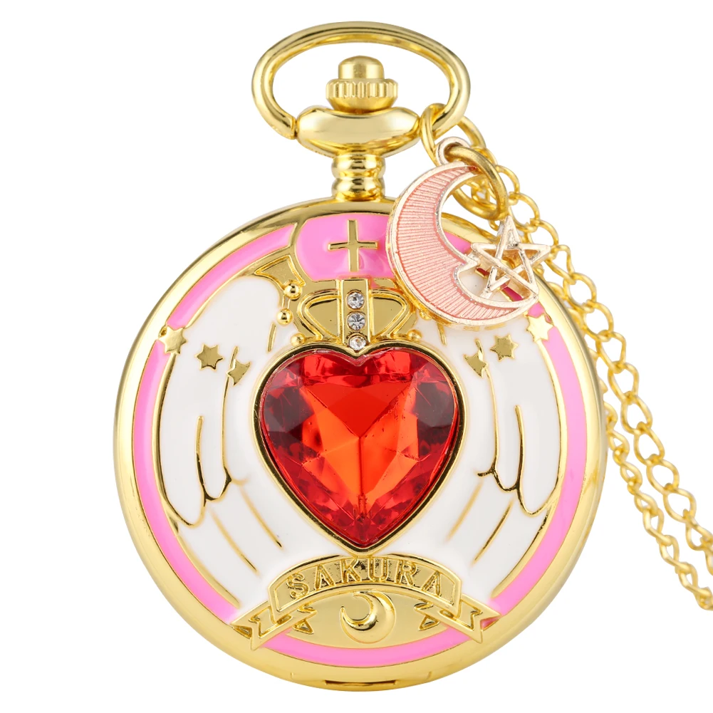 Magic Girl Heart shaped Diamond Case Clock Pink Moon Children Fantastic Pattern Dial Pocket Watch for 5