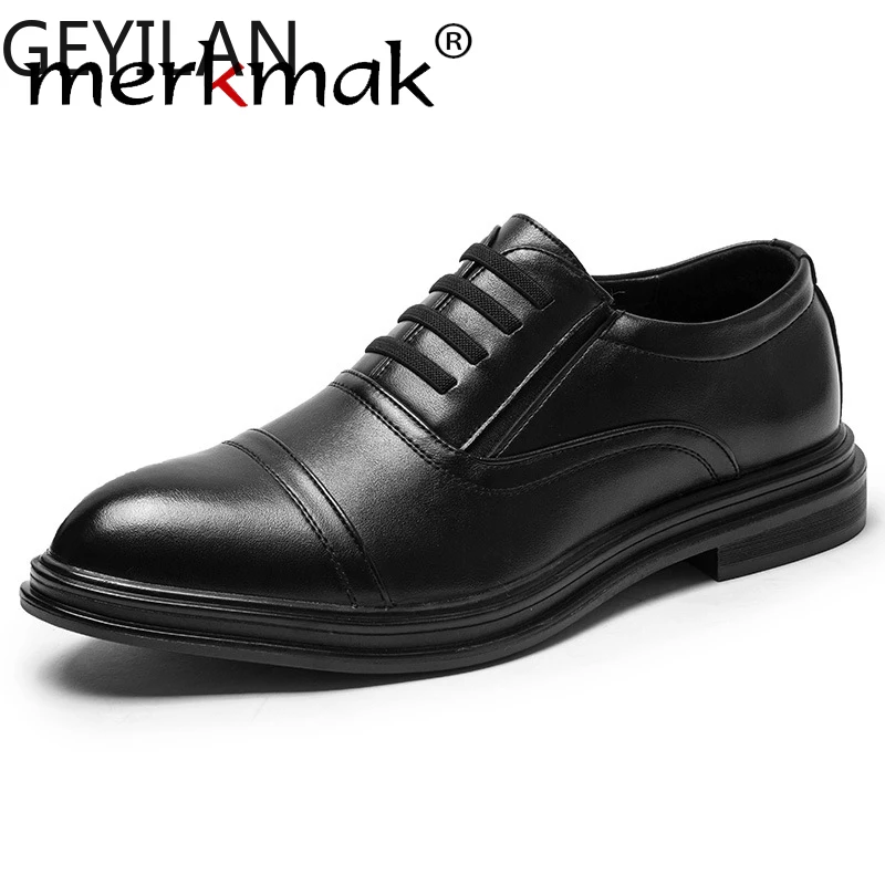 

merkmak Brand Leather Concise Men Business Dress Fashion Black Shoes Breathable Formal Wedding Basic Shoes Male Footwear