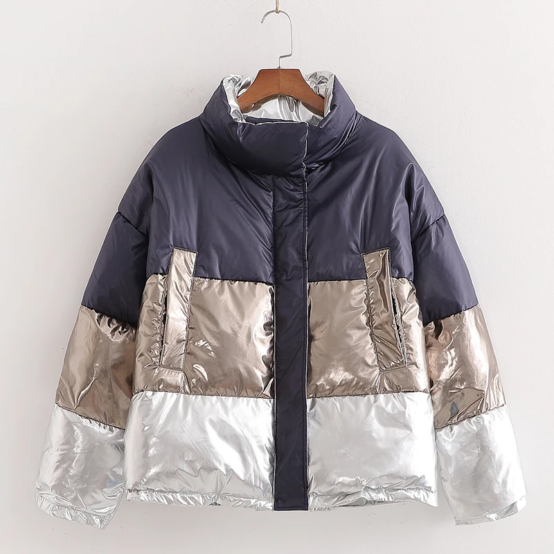 

ZOEPO Turtleneck Short Parkas Women Fashion Winter Striped Coats Women Elegant Pockets Cotton Jackets Female Ladies LP