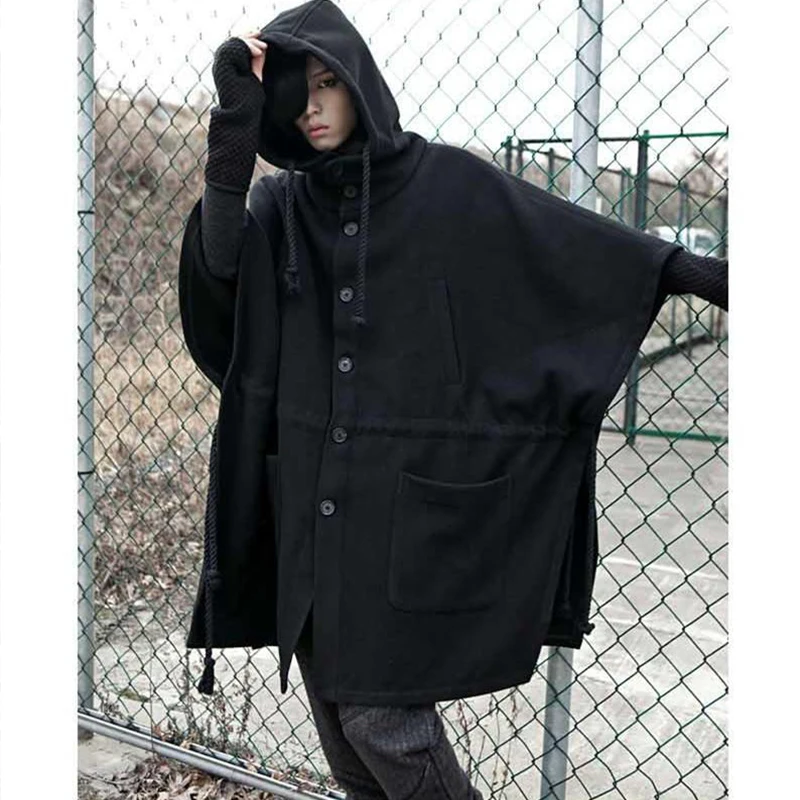 M-4XL Темный ночной клуб летучая мышь рубашка с капюшоном плащ Мужской плащ утолщенный длинный шерстяной пальто