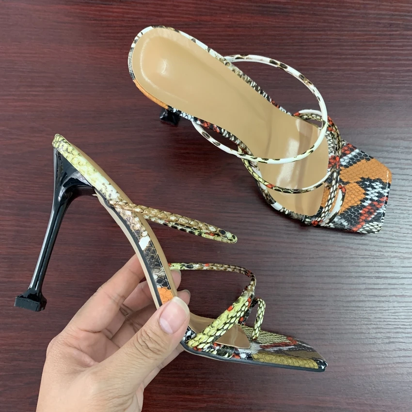 Women Snake Print Strappy Mule Heels Sandals