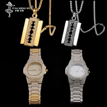 

Luxury Men Gold Silver Color Watch Hip Hop Men Stylish Necklace Hip Hop Ice Out Cuban Watch Jewelry Pendant & Rope Chain For Men