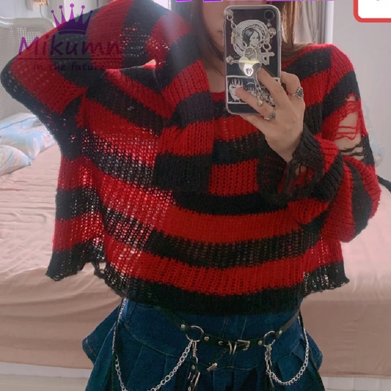 Punk Gothic Rock Dark Red Pink Purple Gray Green Striped Short Sweater  Women Girl Streetwear Y2k Top - AliExpress