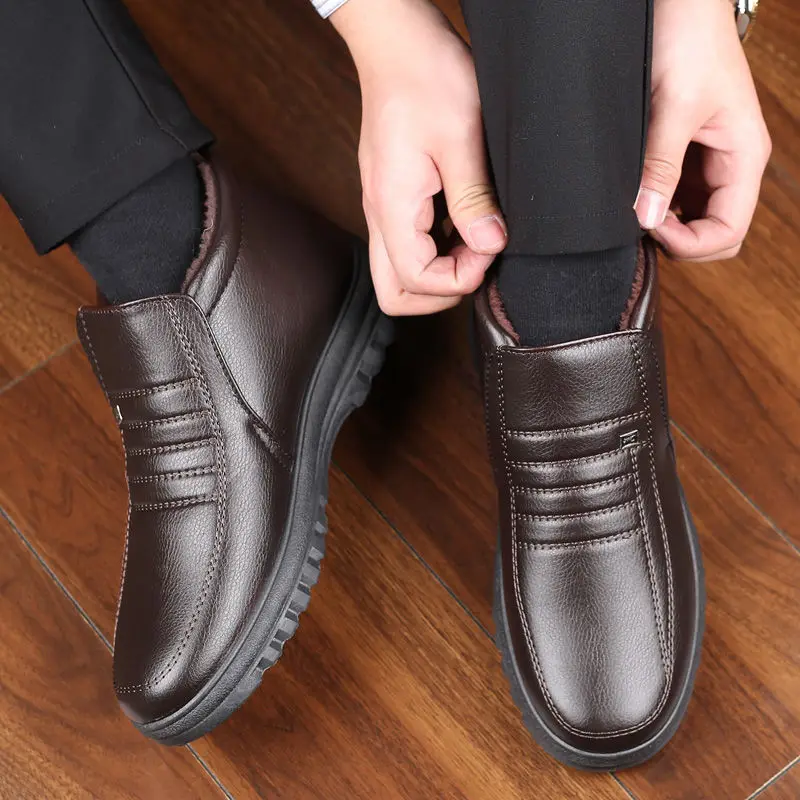 Winter Waterproof Men's Casual Leather Shoes Flannel High Top Slip-on Male Casual Shoes Rubber Warm Winter for Mens