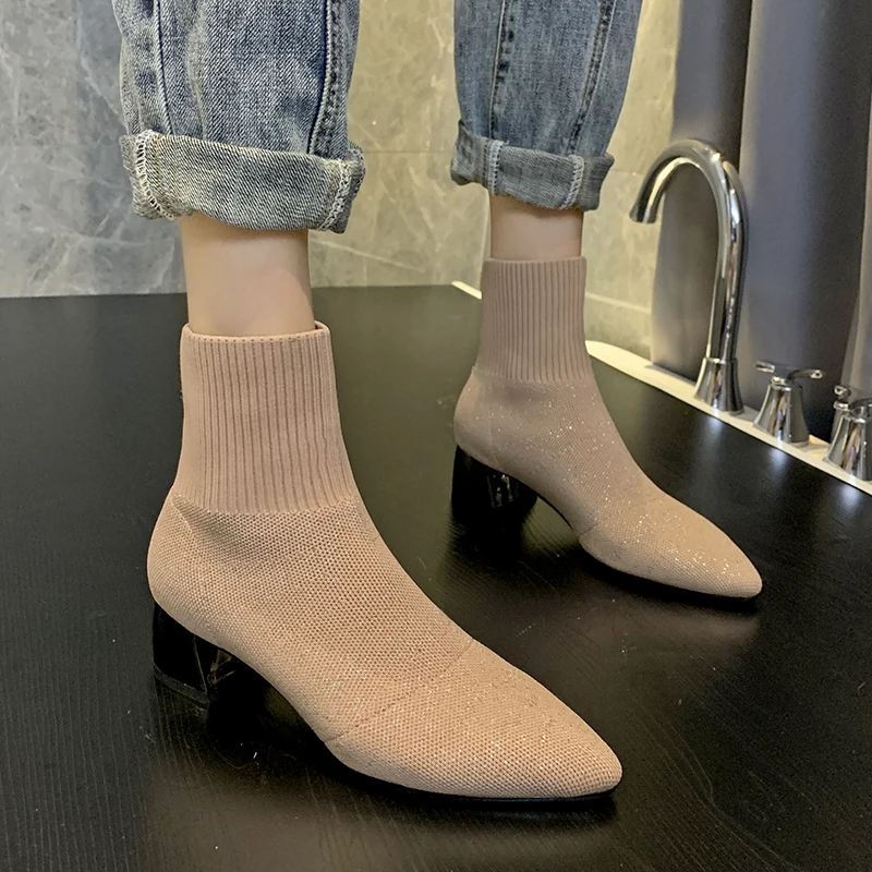 

Black pink socks boots Knitted Stretch Women's Ankle Boots 2019 Elegant Pointed Toe Mid Heel Boots Ladies Booties Metal Heel