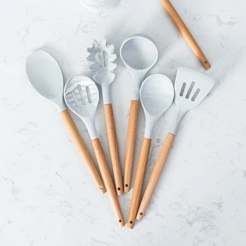 

New 10/11PCS Premium Silicone Utensils Set Non-stick Spatula Shovel Wooden Handle Cookware Set With Storage Box Kitchen Tools