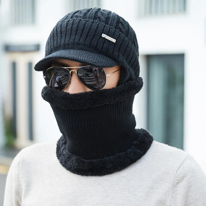 Вязаный Флисовый Шарф, толстая бини зимняя теплая шапка Skullies Beanies, женская модная шапка с ушками, маска, шапки, шерстяные мужские шапки унисекс