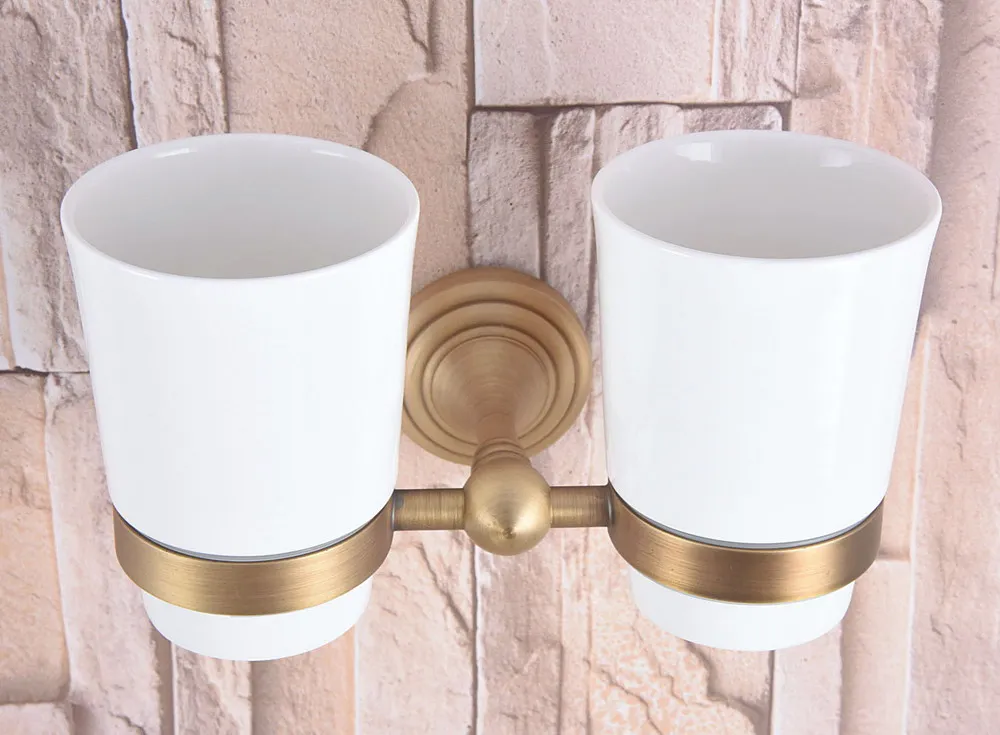 

Classic Antique Brass Hotel Bathroom Wall Mount Double Ceramic Cups Toothbrush Holder 2ba736
