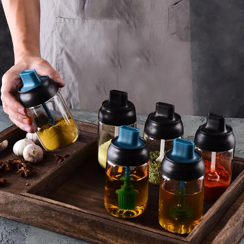 

Kitchen Seasoning Jar Glass Sealed Seasoning Bottle Spoon Cover Seasoning Brush Oil Bottle Honey Barbecue Oil Can