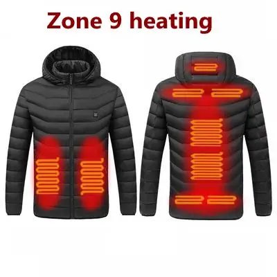 2021 NWE Men Winter Warm USB Heating Jackets Smart Thermostat Pure Color Hooded Heated Clothing Waterproof  Warm Jackets 9 Areas Heated Black