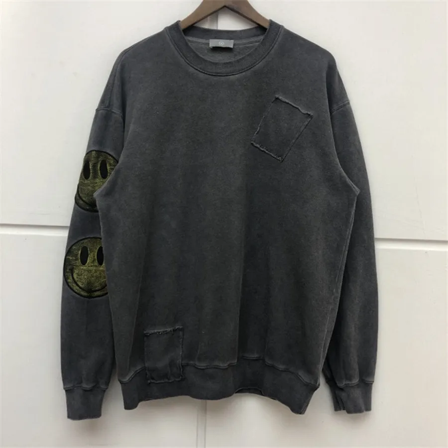 Smiley face Thick Washed Do Old embroider Sweatshirts Men Women Streetwear Thick Washed Do Old Hoodie Hooded