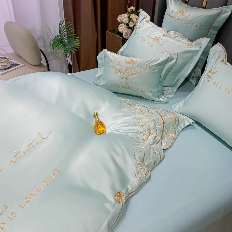 Light Green Satin Cotton Golden Embroidery Duvet Cover Bedspread Sheet Pillowcases  4pcs Solid Color Bedding Set Home Textile - AliExpress