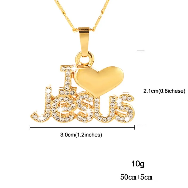 Fashion Shiny Zircon Inlaid Heart Shape Letter I Love Jesus Pendant Necklace The Best Jewelry Gift for Christians