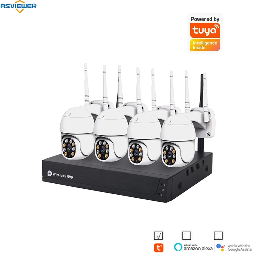 

4CH IP Wi-Fi PTZ Kits Tuya CCTV Security System Wireless NVR 4pcs indoor outdoor PTZ Camera nigtvision Video Survillance set