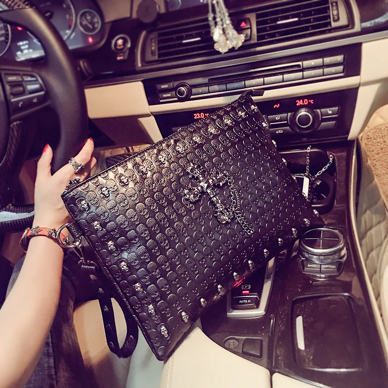 Unisex Men Women Hip Hop Cross Tassel Punk Handbag Black Fashion Skull Messenger Rivet Envelope Mini Clutch Small Shoulder Bag