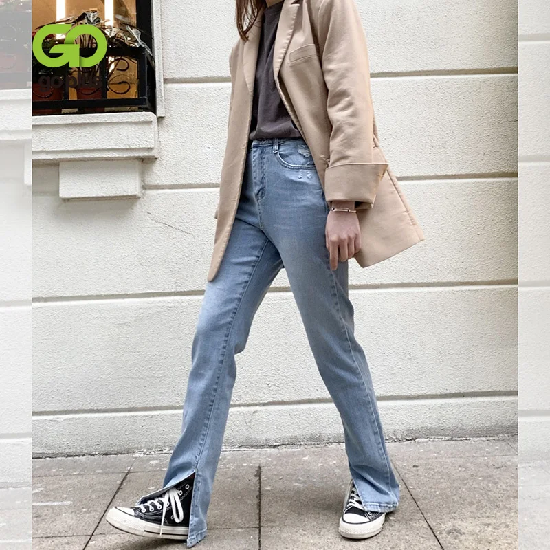

GOPLUS 2020 Washed Denim Pants Jeans Women Boyfriend Jeans Casual Pants Split Long Pants Bottom Blue Jeans