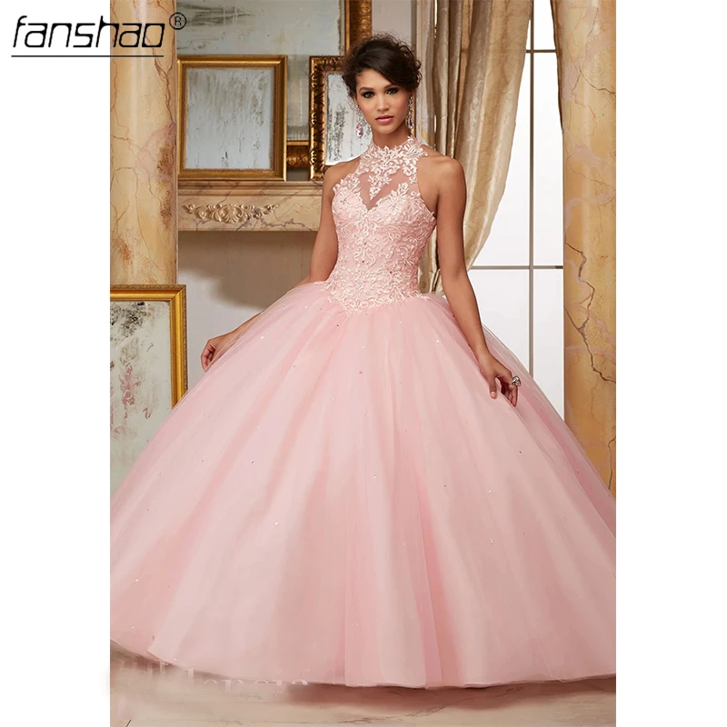 Fanshao Blue Quinceanera Dresses High Neck Crystal Appliques Lace Pearls Cut-Out For 15 Girls Party Gowns Hot Sell Design Fanshao Blue Quinceanera Dresses High Neck Crystal Appliques Lace Pearls Cut-Out For 15 Girls Party Gowns Hot Sell Design