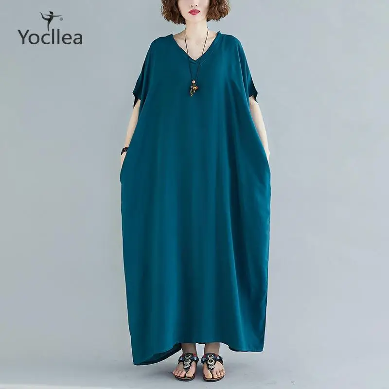 

Spring and summer large size women's dress Bohemian V-neck cotton long dress solid color Robe Loose dress