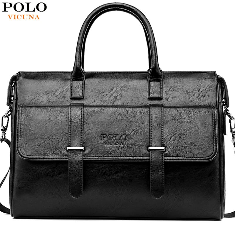 

VICUNA POLO New Black Leather Famous Brand Business Men Briefcase For Documents Bag Casual 15.6inch Laptop Handbag For Male