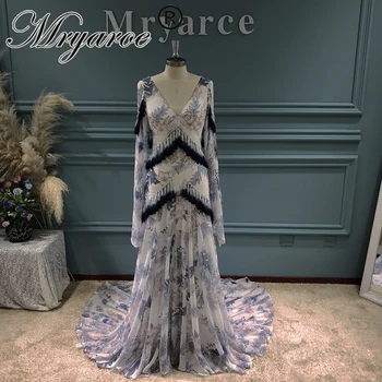 Mryarce abito da sposa Boho Chic unico da sposa abiti da sposa bohémien con stampa floreale blu con nappe