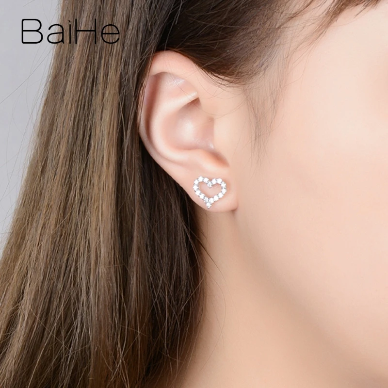 BAIHE Твердые 14 к белое золото всего 0.64ct H/SI круглые натуральные бриллианты женские мужские свадебные бриллиантовые серьги подарок сердце серьги-гвоздики