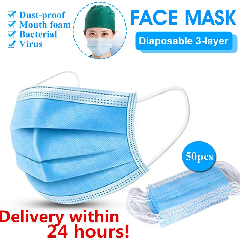 

Spot 50pcs Disposable Non-woven Mask 3 Layers Protection Dustproof Anti-Germ Aiti-dust Moisture Absorption Protective Face Mask