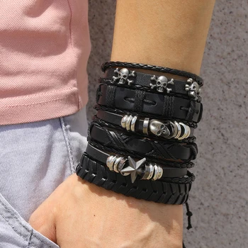 Fashion 6Pcs Set Gothic Punk Skull Star Metal Multilayer Leather Bracelet Men Bracelets & Bangles