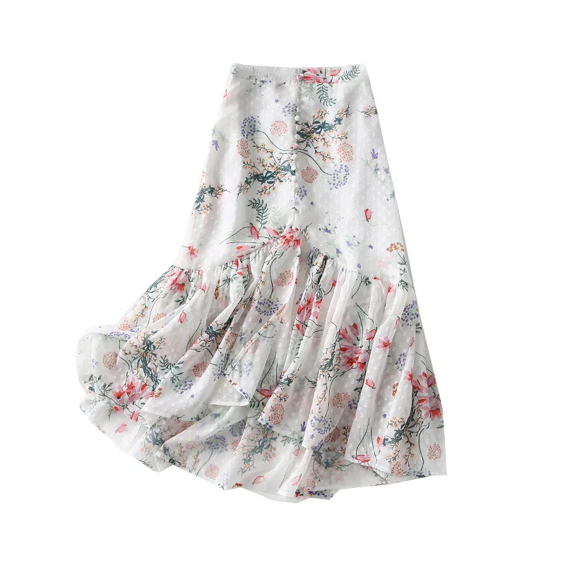 

One-Piece High-Waist Irregular Flounced Hem Printed Chiffon Skirt Entity