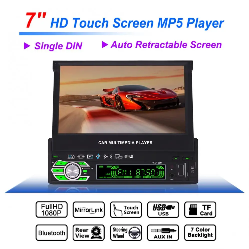 

7 Inch 1 Din Bluetooth HD Touch Auto Retractable Screen Car Video Stereo Player Support Mirror Link / Aux In / Rear View Camera