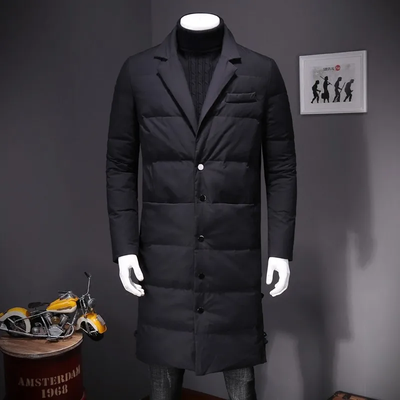 Высококачественные однобортные мужские пуховые пальто с длинным рукавом и отворотом, Зимние Теплые повседневные пальто средней длины, уличная одежда размера плюс 5XL