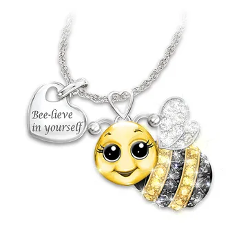 

2019 New Arrival Cute Bee Pendant Necklace for Women Silver Color Crystal Letter Carving Animal Family Necklace Jewelry Gift