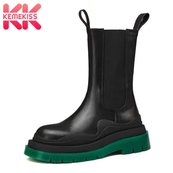 

KemeKiss Real Leather Women Short Boots Fashion Platform High Heel Winter Shoes Woman Warm Mid Calf Boot Footwear Size 34-40