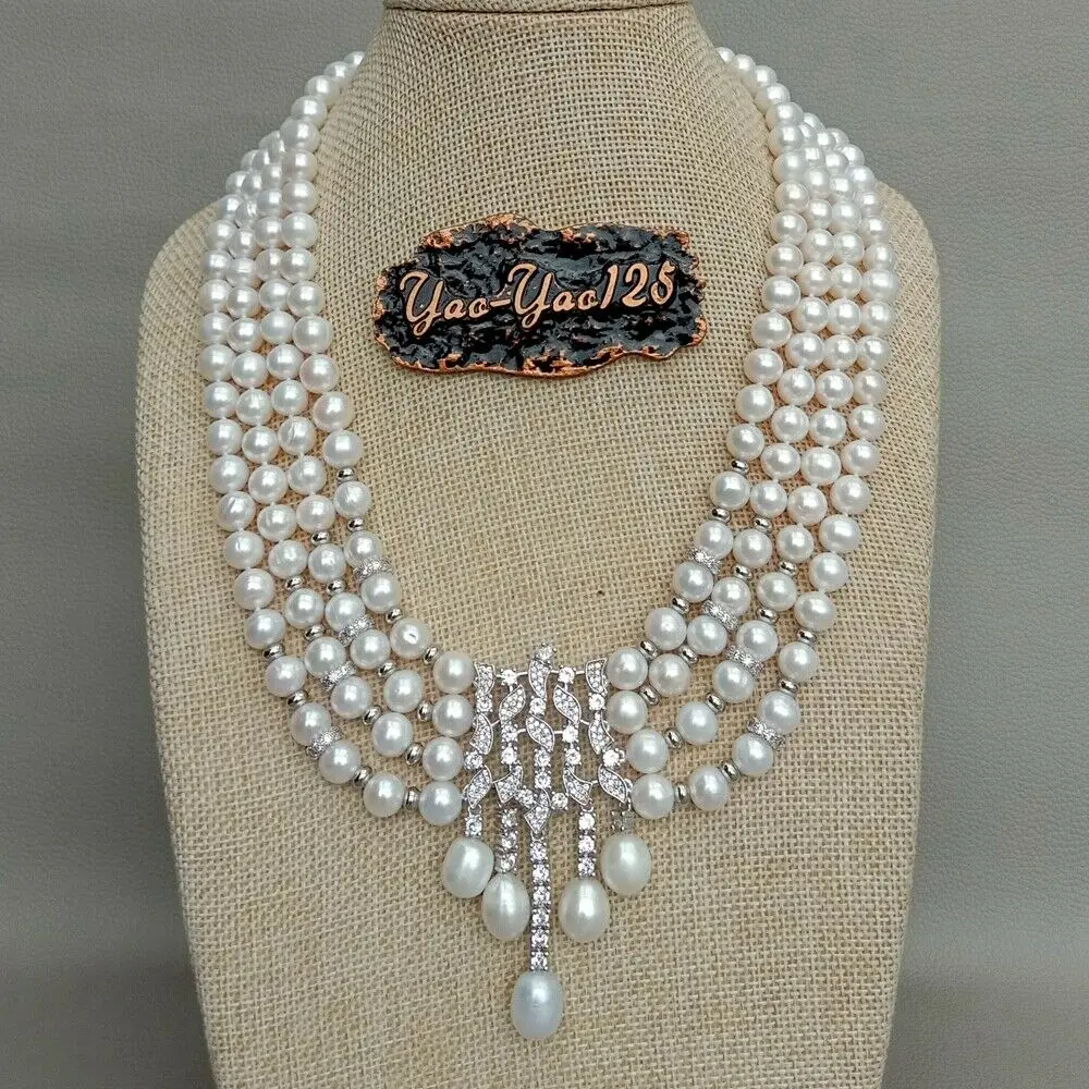 

18" 4 Strands Cultured White Pearl Statement Necklace CZ Pendant