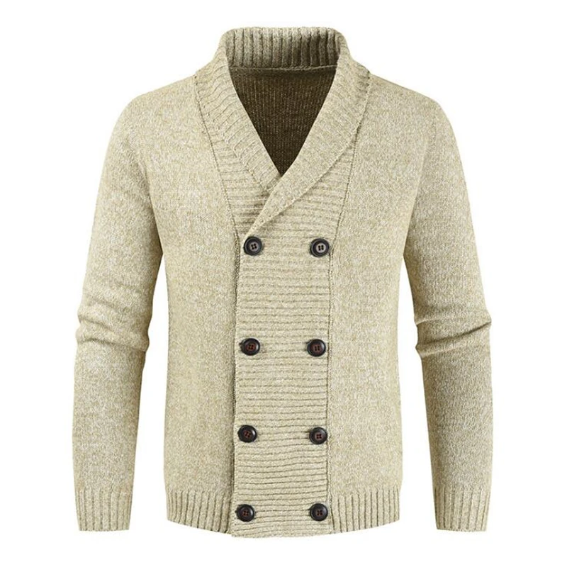 Beige Yellow Мужской кардиган, свитер, Осень-зима, мужской свитер с длинными рукавами, кардиган с лацканами, двубортный вязаный кардиган, теплый - Цвет: Beige Yellow
