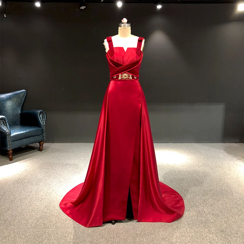 

Rhine real Pictures Wine red Satin with Gold beads Sexy Elie saab Prom dresses arabic evening dresses long