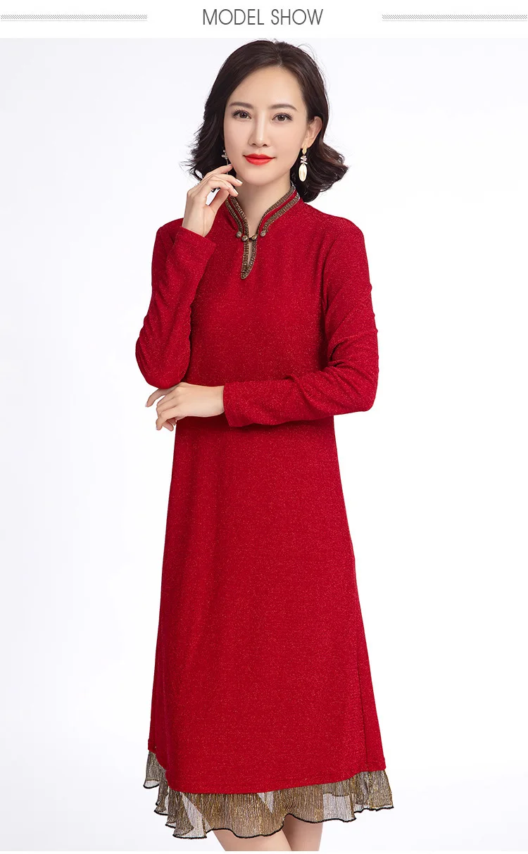Осенне-весеннее красное платье размера плюс 5XL-l, женские повседневные офисные вечерние платья с длинным рукавом, Винтажные Платья Vestidos Largos Robe Femme