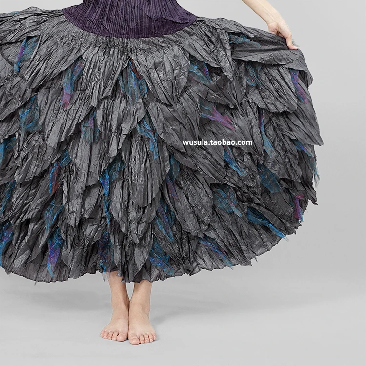 Горячая Miyake fold без рукавов Круглый воротник; Слим футболка+ лепестки павлина skrit нестандартный костюм