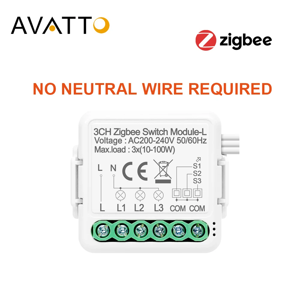Модуль переключателя света AVATTO Zigbee 1/2/3 Gang Tuya без нейтрального провода