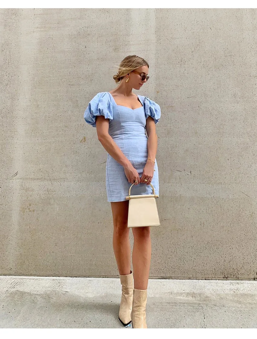 

Summer Fashion Elegant Bubble Sleeve Solid Color Pleated Dresses Women French Romantic Party Vacation Beach Casual Dresses Women