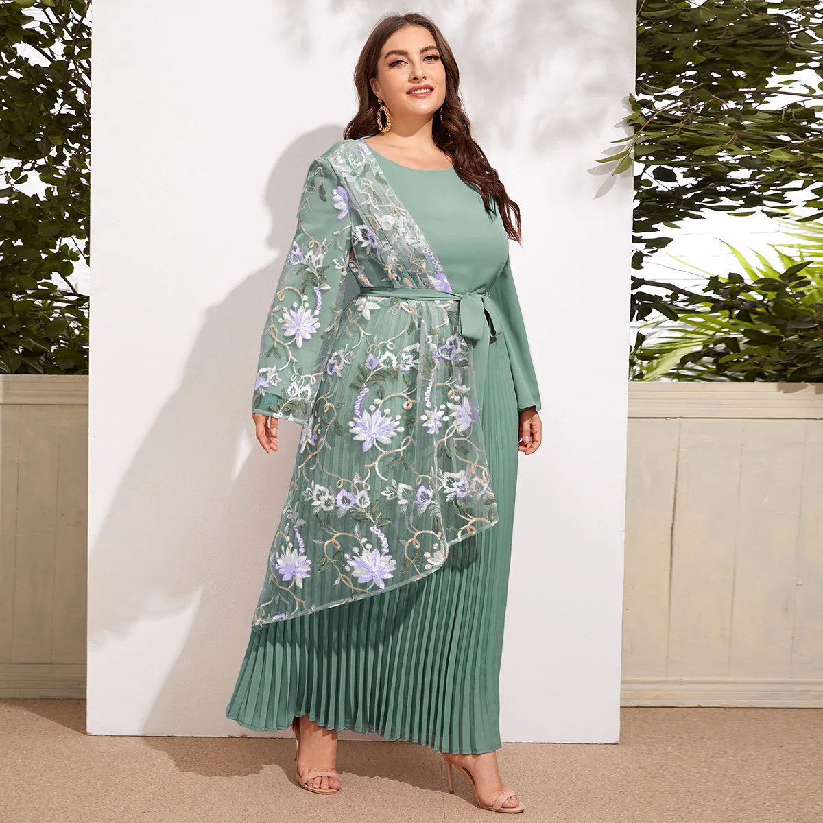 2021 Autumn Plus Size Green Embroidery Scarf Pleat Women's Abaya Party Casual Elegant Business Dress