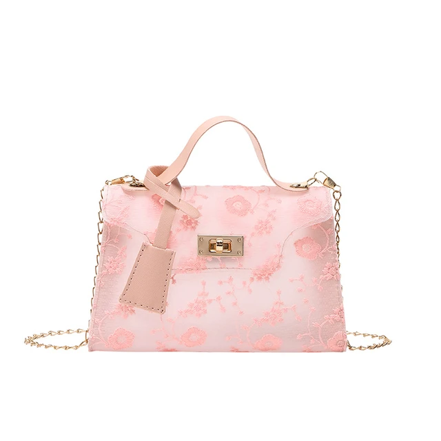 Pink Clear Tote Bag Flower Printed Crossbody Tote with Removable Strap