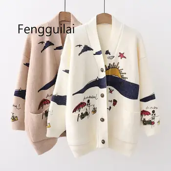 

Women&#39s Autumn Sweaters Embroidery Knit Cardigans V-neck Single Breasted Casual Loose outerwear Sweater Fashion roupas femini