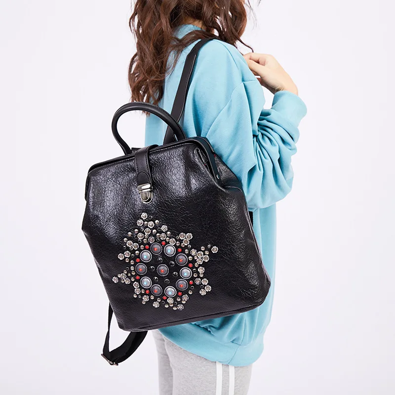

Cross Border New Style Rivet Backpack Women's Guangzhou Retro Soft Leather PU Handbag Large Capacity Fashion Schoolbag