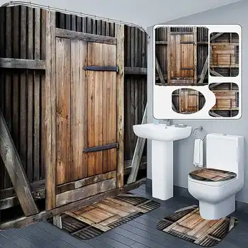 

Retro Wooden Door Bathroom Set 180x180cm Shower Curtain Toilet Seat Cover Rugs Garden Flower Bath Mat Set Home Carpets Doormats